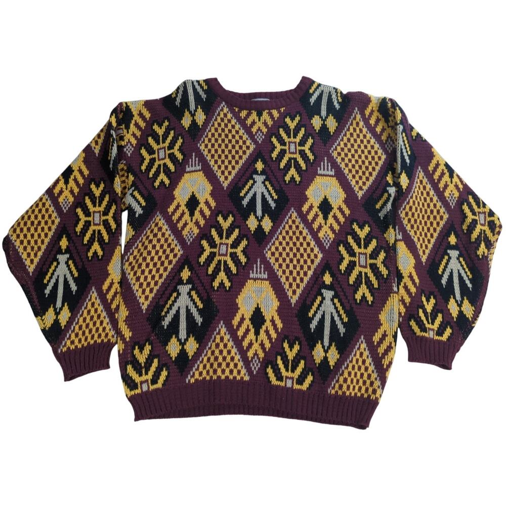 VTG BEZ Sweater Geometric Abstract Knit Pullover Acrylic Made in Korea 80s 90s
